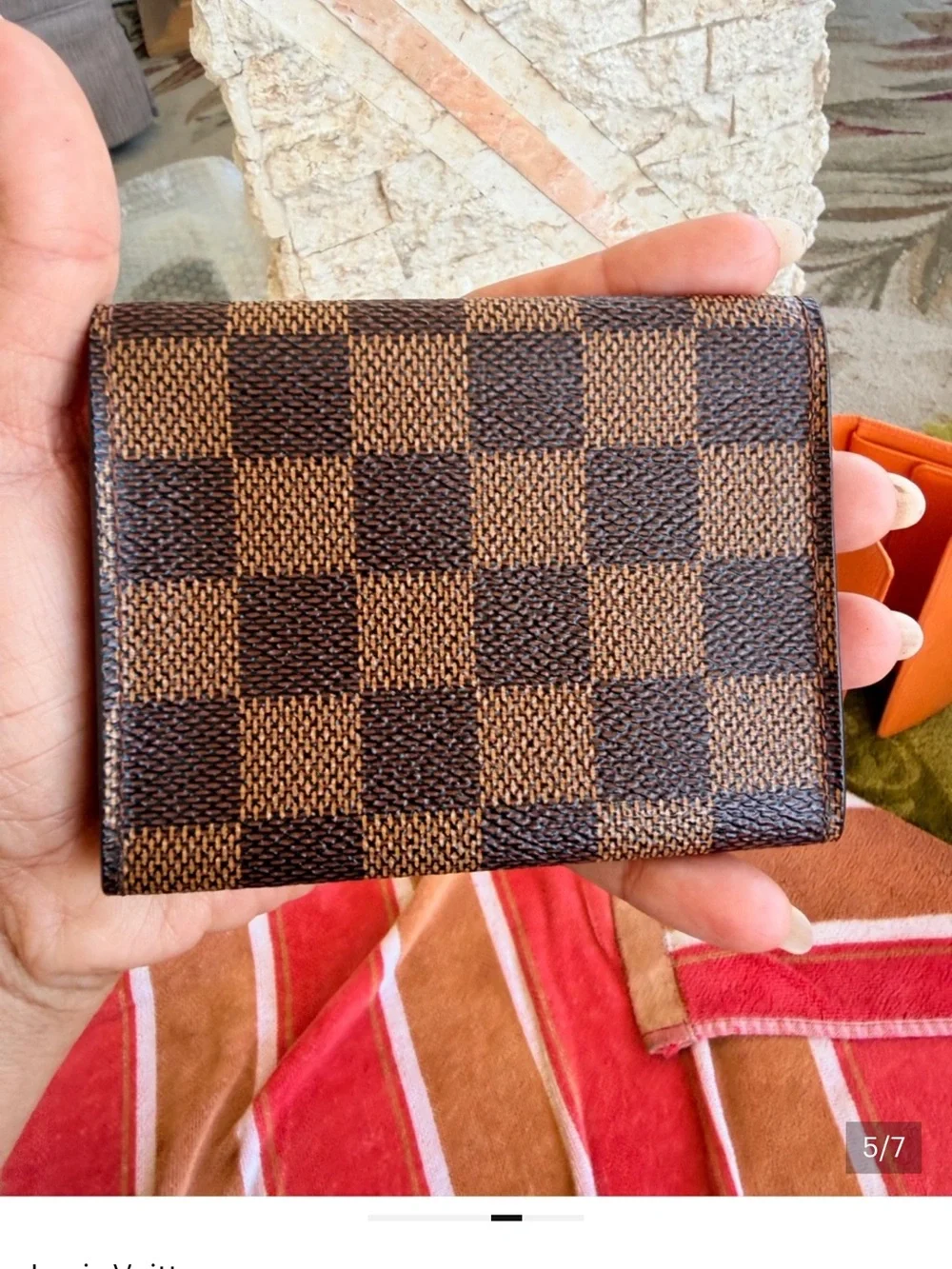 Louis Vuitton Brown Textured Leather Card Holder with Red Debossing - Picture 6 of 8